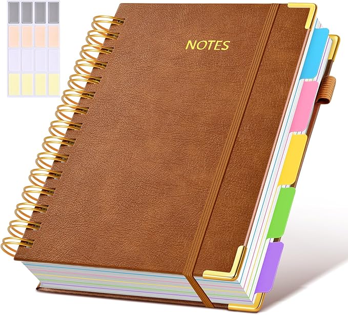Hardcover Spiral Notebook journal with Removable Dividers Tabs, 300 Pages Leather 5 Subject Notebook College Ruled,A5 Notebooks for Work School Note taking,Lined Journal for Women,A5 Light Brown