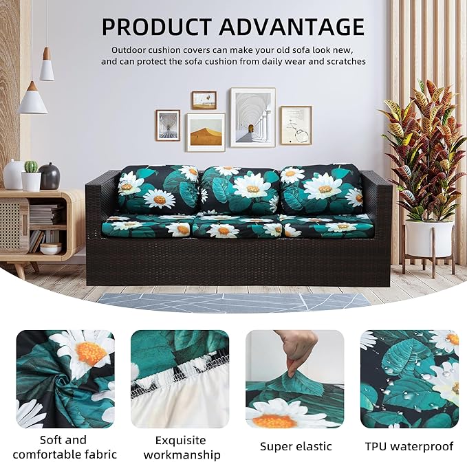 8Pcs Stretch Patio Cushion Covers Waterproof Outdoor Cushion Covers Patio Couch Cover Slipcovers, for Outdoor Furniture Protector Covers Replacement(Cover Only) (Magritte)