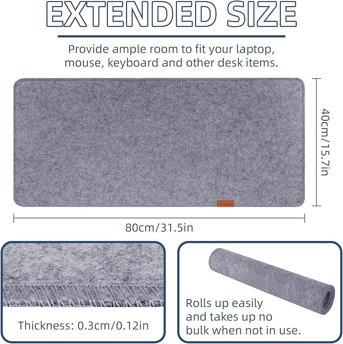 Large Felt Desk Protective Pad, 80X40cm/32''X16'' Non-Slip Felt Desk Mat Extended Gaming Mouse Pad Large Desk Pad Protector for Keyboard, Computer, Mouse, Laptop (Grey)