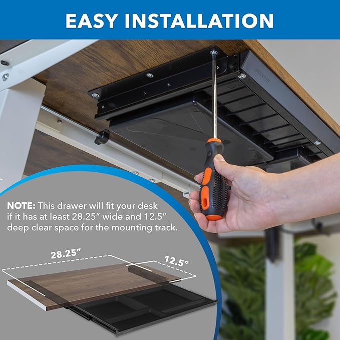 Mount-It! Under Desk Drawer - Deep Under Counter Drawer Organizer - Slide Out Standing Desk Storage Attachment - 25.8" Width Under Table Storage Compartment - Black