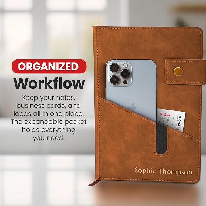 Promot Personalized Notebook - A5 Lined Leather Bound Journal for Writing Women Men - Hardcover Executive Notebook, Daily Journal, Travel Diary, Gift Idea, Custom Embossed Text with Gold Metallic Foil