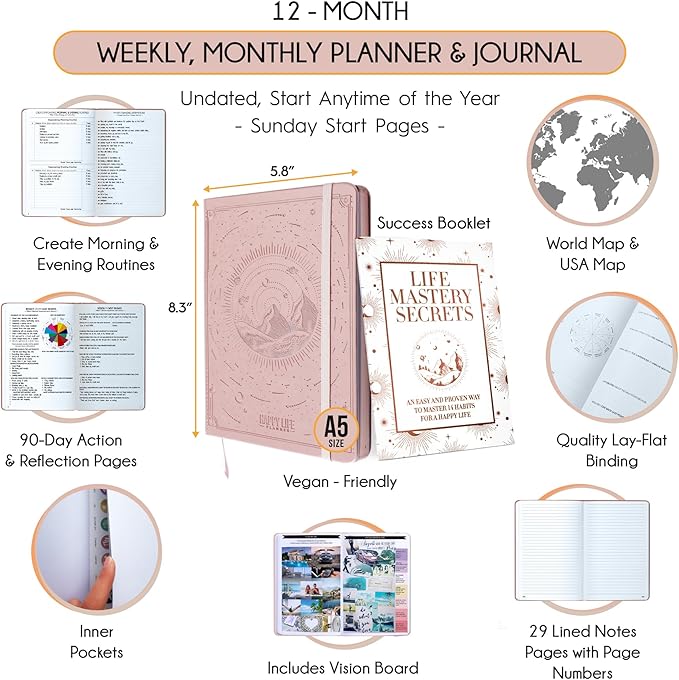 Life Planner - A 12 Month Journey to Crush Your Goals, Increase Productivity, Passion, Success & Happiness - Weekly & Monthly Life Planner, Habit-Tracker, Gratitude Journal & Organizer, A5