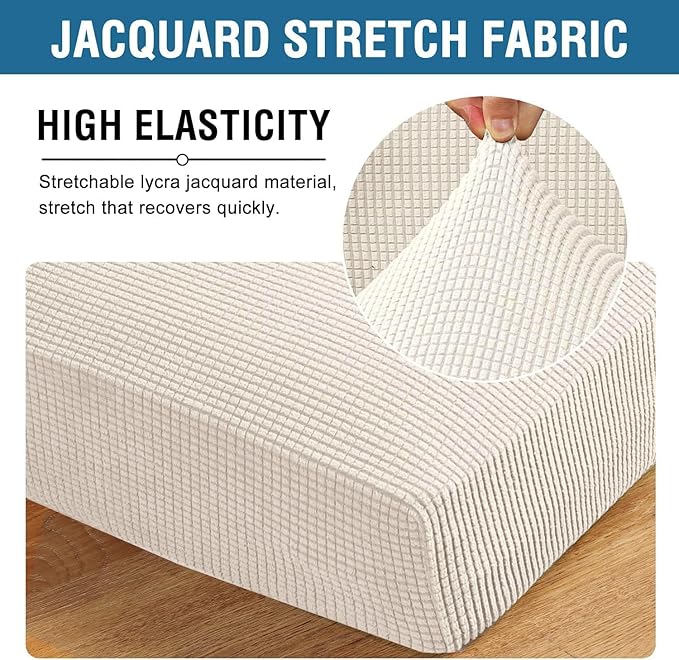 H.VERSAILTEX Super Stretch Individual Seat Cushion Covers - Sofa Couch Cushion Slipcover Sets - Thick Jacquard Textured Twill Fabric - Large (2 Piece, Ivory)