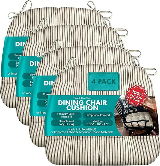 Barnett Home Decor Dining Chair Cushions with Ties, 16.5 x 18, Pack of 4 – Ticking Stripe Black – 100% Cotton, Latex Foam Fill, Made in USA