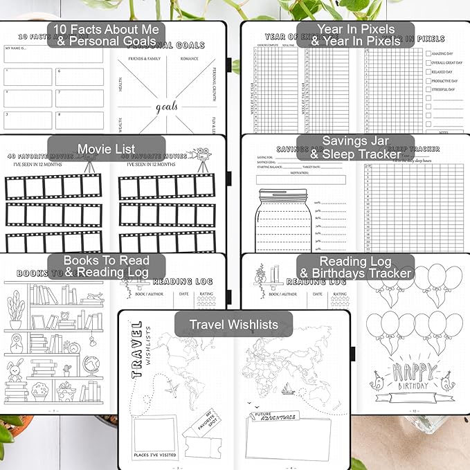Premade Bullet Dotted Journal with Undated Weekly Monthly Planner, Pre-made Dot Grid Journaling Aesthetic Notebook for Goals Gratitude Budget Exercise Habits Mood Sleep Tracker - 12 Month