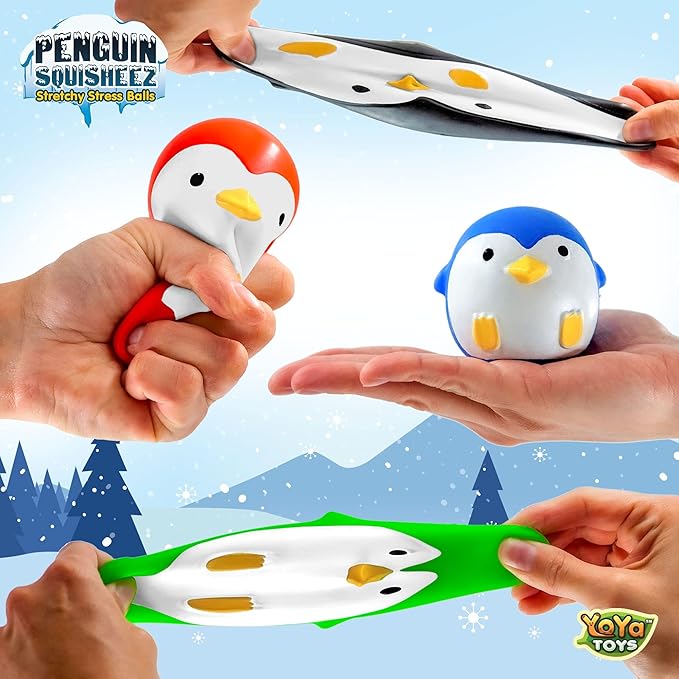 YoYa Toys Penguin Squisheez Squishy Stress Relief Balls (Set of 4) | Stretchy Fidget Animal Shaped Toys for Boys, Girls & Adults | Stretch Penguin Squeeze Toy | Great for ADHD, Autism, Anxiety