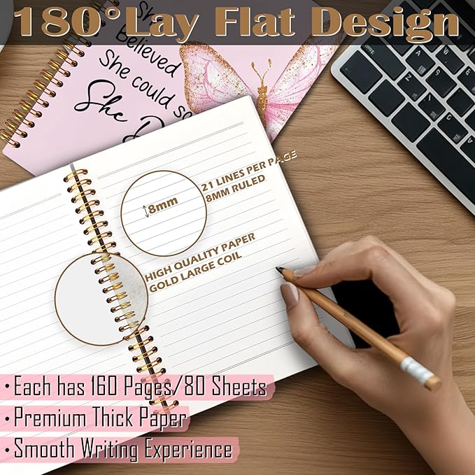 Pink Butterfly Inspirational Spiral Notebook 5.5x8.3, She Believed She Could So She Did Motivational Journal, Inspirational Encouragement Gifts for Women, Pink Office Supplies