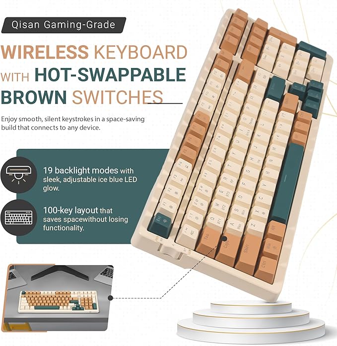 Qisan Wireless/Wired Mechanical Keyboard, Triple Mode 2.4G/USB-C/BT Wireless Gaming Keyboard, 100 Keys (98%) US Layout Brown Switch Rechargeable RGB Backlit Keyboards | Brown Combo