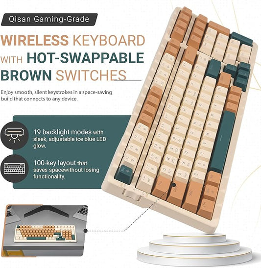 Qisan Wireless/Wired Mechanical Keyboard, Triple Mode 2.4G/USB-C/BT Wireless Gaming Keyboard, 100 Keys (98%) US Layout Brown Switch Rechargeable RGB Backlit Keyboards | Brown Combo