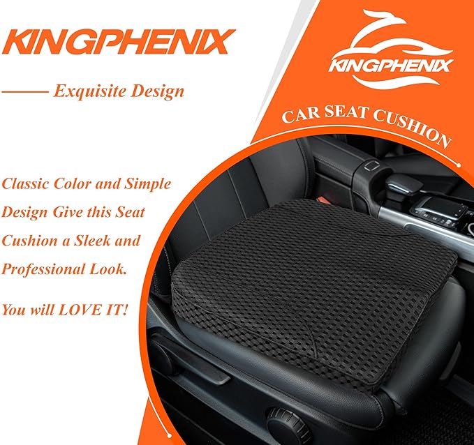 kingphenix Premium Car Seat Cushion, Memory Foam Driver Seat Cushion to Improve Driving View- Coccyx & Lower Back Pain Relief - Seat Cushion for Car, Truck, Office Chair (4D Mesh Black)