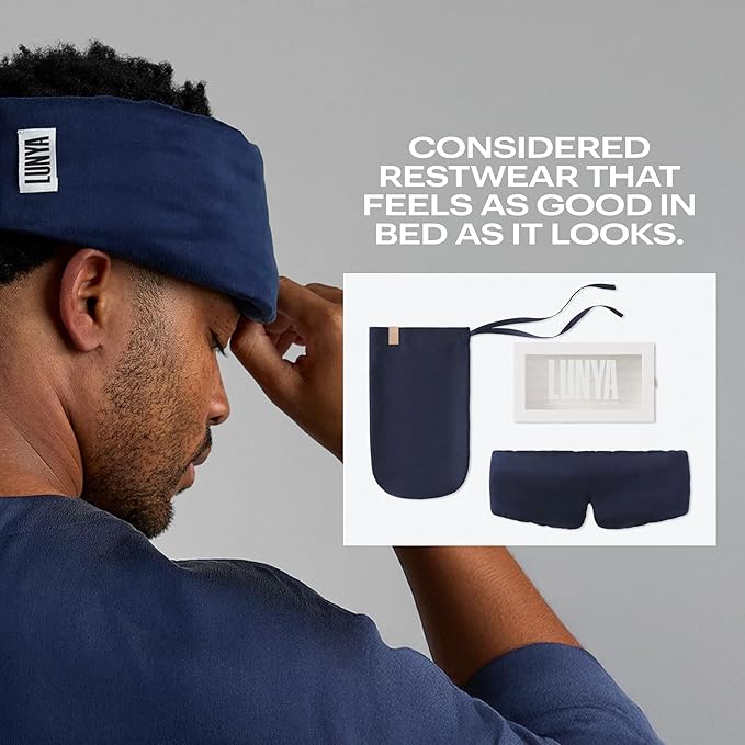 Lunya Sleep Mask with Box - Washable Silk Sleeping Mask and Headband for Beauty Routines - Thermoregulating Comfort for Restful Nights - Silk Eye Mask for Women - Small - Deep Blue