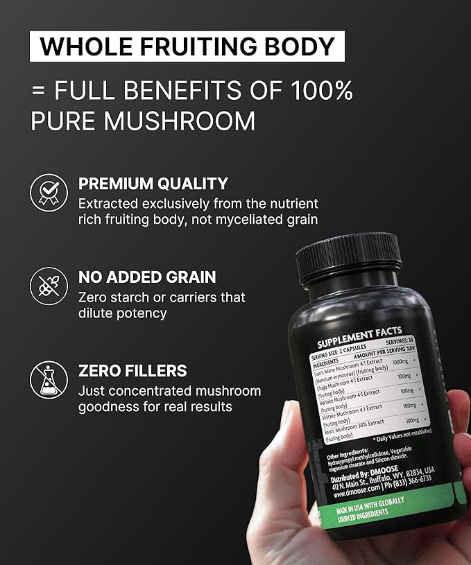 Lions Mane Mushroom Complex - 5300 mg Adaptogenic Blend for Memory, Focus and Immune Support - 5 in 1 Lionsmane, Chaga, Maitake, Shiitake and Reishi Extract, Nootropic Mushroom Supplement Capsules