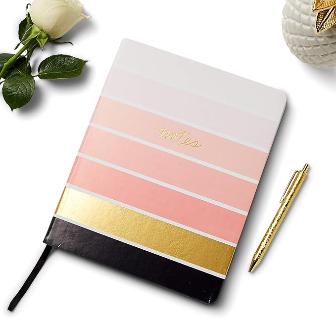 Eccolo Large Lined Journal Notebook, Hardbound Cover, Writing Journal, 256 Ruled White Pages, Ribbon Bookmark, Lay Flat, Desk Size for Work or School, Ombre Stripes (Pink, 8x10 inches)