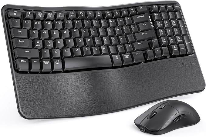 seenda Wireless Ergonomic Keyboard and Mouse, COE310 USB+Type-C+Bluetooth Multi-Device Rechargeable, Wave Keyborad, Quiet Light Mouse Compatible for Windows/macOS/PC/Laptop/MacBook/iPad - Black