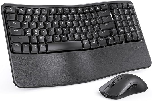 seenda Wireless Ergonomic Keyboard and Mouse, COE310 USB+Type-C+Bluetooth Multi-Device Rechargeable, Wave Keyborad, Quiet Light Mouse Compatible for Windows/macOS/PC/Laptop/MacBook/iPad - Black