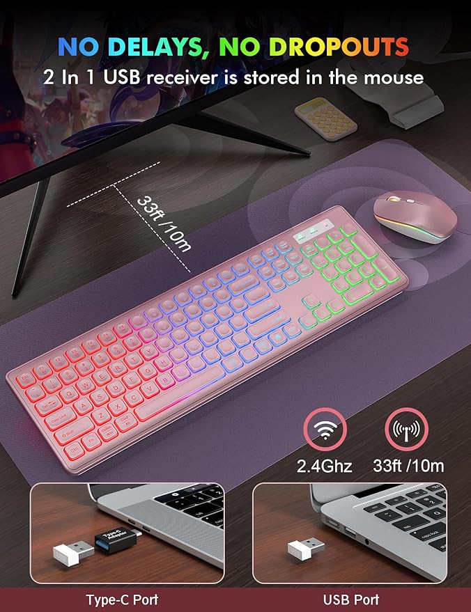 Wireless Keyboard and Mouse Combo - RGB Backlit, Rechargeable & Light Up Letters, Full-Size, Ergonomic Tilt Angle, Sleep Mode, 2.4GHz Quiet Keyboard Mouse for Mac, Windows, Laptop, PC, Trueque, Rose
