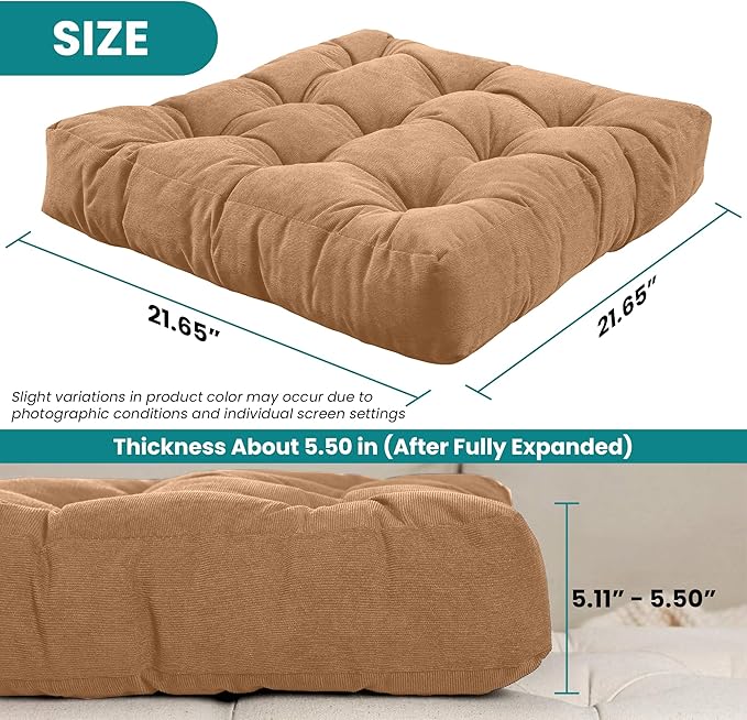 NEST & LOOM Floor Cushions - Large Square Tufted Floor Pillow, Meditation Cushion, Floor Chair Pillow for Seating & Lounging - Soft & Supportive, Brown - 21.65" x 21.65"