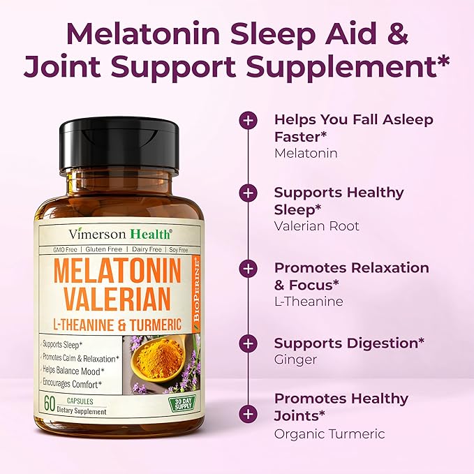 Melatonin Sleep Aid with L Theanine & Valerian Root – Turmeric Supplement – Turmeric Curcumin with Ginger & Black Pepper – L-Theanine & Melatonin 3mg for Sleep, Calm and Stress Relief – 60 Capsules
