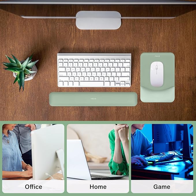 MOSISO Wrist Rest Support for Mouse Pad&Keyboard Set, Rectangular Ergonomic Mousepad Non-Slip Base Home/Office Pain Relief&Easy Typing Pad with Neoprene Cloth&Raised Curved Memory Foam, Green