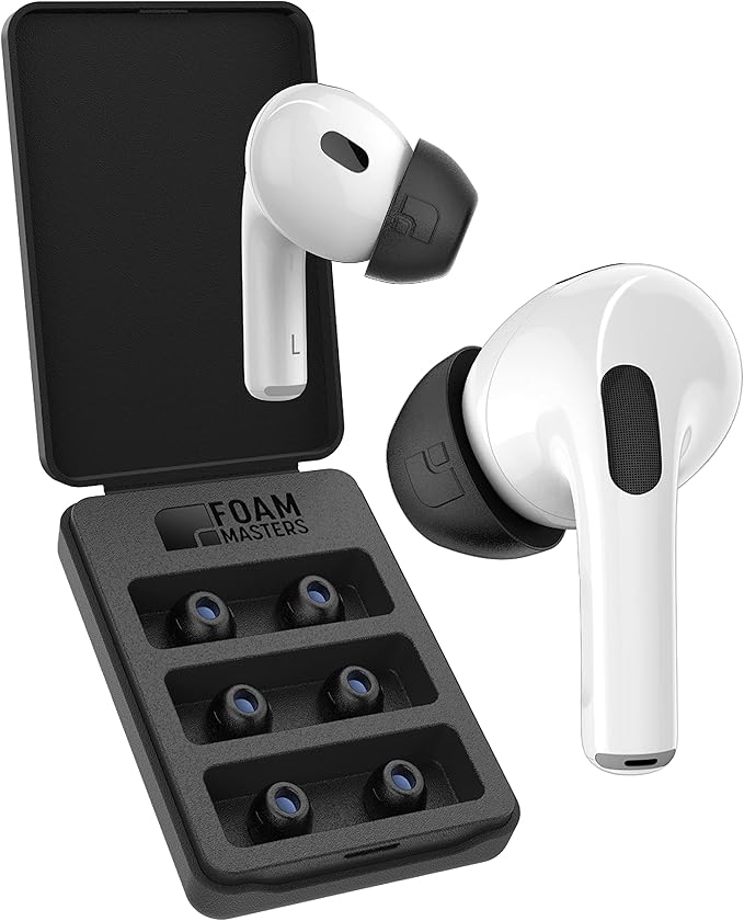 Foam Masters Ultra-Premium Memory Foam Ear Tips for AirPods Pro 1st & 2nd Gen | 3 Pairs | New Ver. | Secure Fit | Super Comfort | Better Noise Cancel | Replacement Buds (Assorted S/M/L, Black)