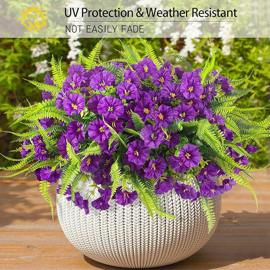 Spring Artificial Flowers Outdoors 12 Bundles Artificial Petunias Fake Flowers UV Resistant Shrubs Plants with Fern for Indoor Outside Hanging Planters Home Garden Decorations (Light Purple)