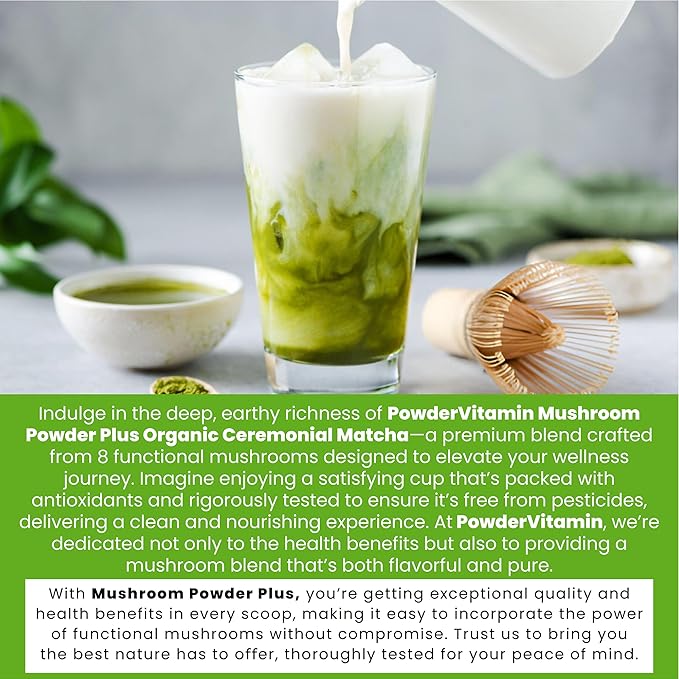 Organic Ceremonial Mushroom Matcha Certified Pesticide-Free Grass-Fed Collagen Types I & III 8 Fruiting Body Mushrooms Tested for Beta-Glucans Focus Digestion & Immunity 30 Servings