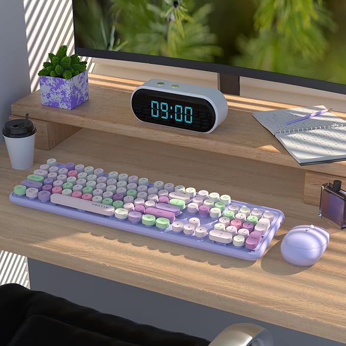 UBOTIE Colorful Computer Wireless Keyboard Mouse Combos, Typewriter Flexible Keys Office Full-Sized Keyboard, 2.4GHz Dropout-Free Connection and Optical Mouse (Purple-Colorful)