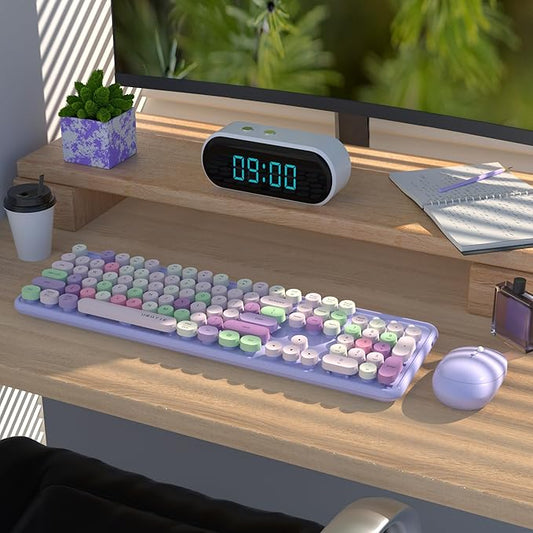 UBOTIE Colorful Computer Wireless Keyboard Mouse Combos, Typewriter Flexible Keys Office Full-Sized Keyboard, 2.4GHz Dropout-Free Connection and Optical Mouse (Purple-Colorful)