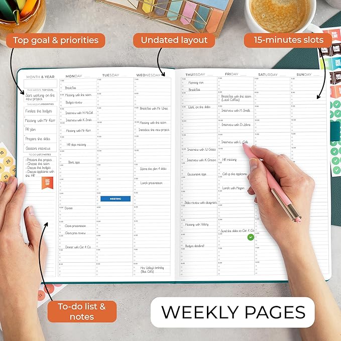 Clever Fox Appointment Book – Hourly Schedule Planner with 15-Minute Increments – Time Box Planner for Daily Work & To-Dos – Weekly & Monthly Spreads, Undated, Hardcover, 8.3x11″ (Dark Teal)