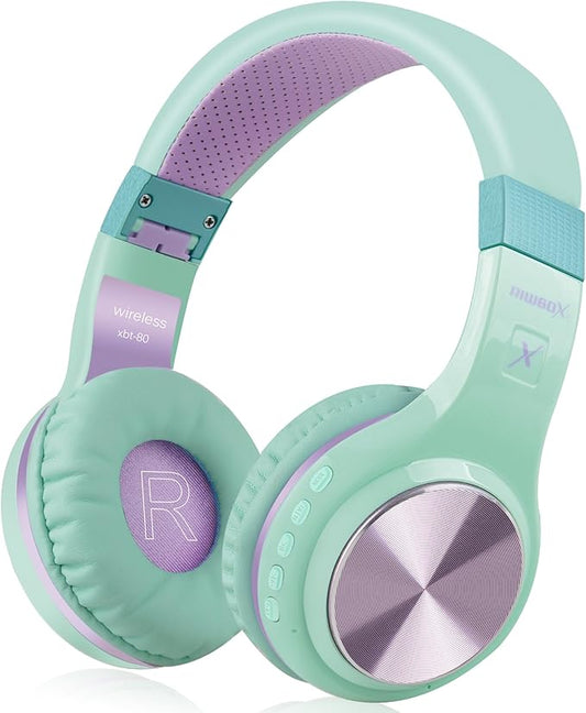 Riwbox Bluetooth Headphones, XBT-80 Folding Stereo Wireless Bluetooth Headphones Over Ear with Microphone and Volume Control, Wireless and Wired Headset for PC/Cell Phones/TV/Gym (Purple Green)