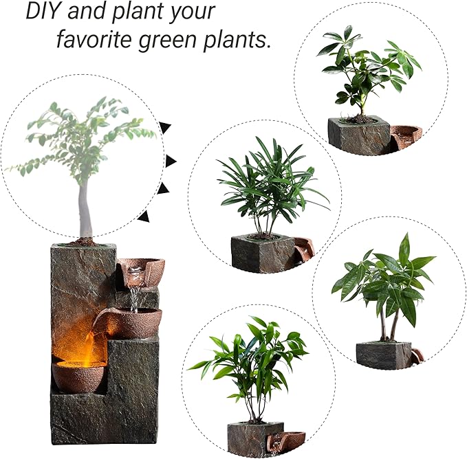 Tabletop Indoor Water Fountain – 3-Tier Rock Waterfall Fountain with Warm LED Light and DIY Planting Pot – Relaxing Small Water Feature for Desk or Home Decor (23061)