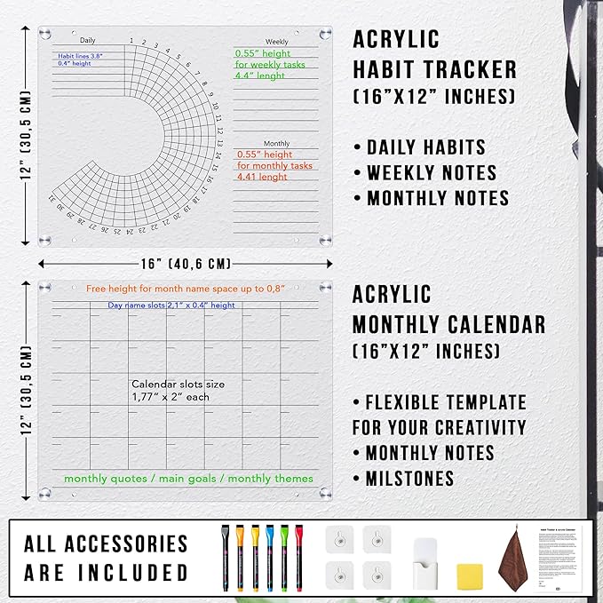 Acrylic Calendar and Habit Tracker Set - Magnetic Acrylic Calendar for Fridge - Clear Magnetic Planner for Refrigerator - Clear Dry Erase Board for Wall with pens, holder, eraser - The Goal Tracker