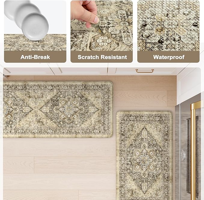 KIMODE Anti Fatigue Kitchen Mats for Floor, Boho Kitchen Rugs Sets of 2, Cushioned Kitchen Floor Mats, Comfort Standing Mat for Sink Laundry Office Desk Brown 17"x59"+17"x29"