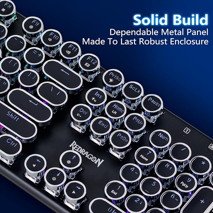 Redragon K710 Wireless Typewriter Style Mechanical Gaming Keyboard, Bluetooth/2.4Ghz/Wired, RGB Backlit, Rechargeable, Blue Switch - Clicky, Metal Panel, Round Keycaps, Black