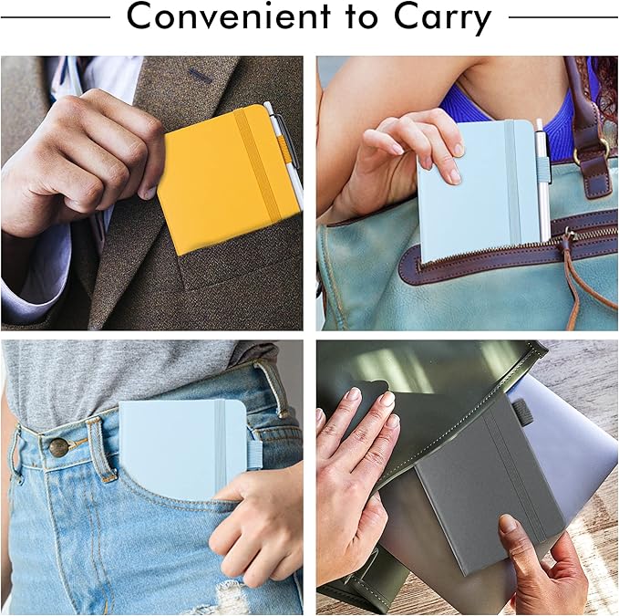 feela Pocket Notebook Journals, Mini Cute Small Hardcover College Ruled Notepad Office School Supplies, with 3 Black Pens, 3.5”x 5.5”, 3 Pack, A6, Solid Colors, Gray, Yellow, Light Blue