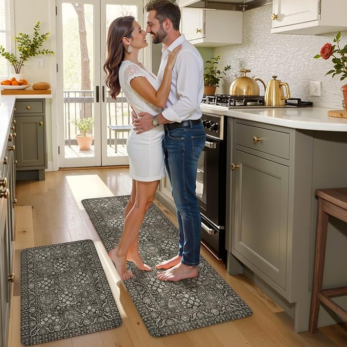 KIMODE Anti Fatigue Kitchen Mats 20"x47"+20"x32", Boho Vintage Kitchen Rugs Sets of 2, Non Slip Waterproof Kitchen Floor Mats, Memory Foam Kitchen Mat for Sink, Laundry, Desk Green/Grey
