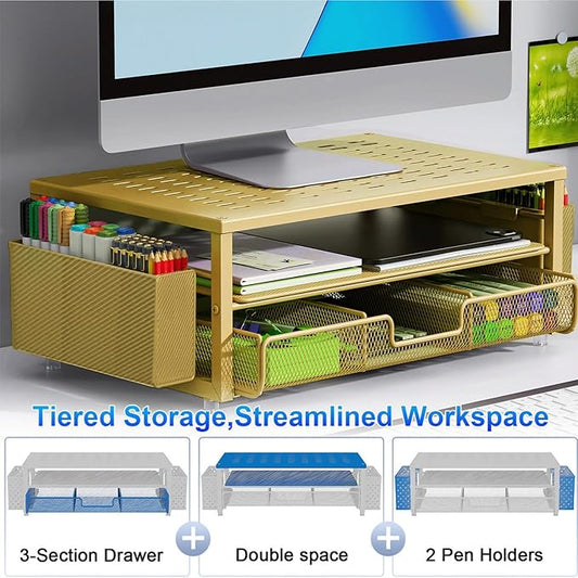 gianotter Desk Organizers and Accessories, Monitor Stand with Drawer and 2 Pen Holder, Desktop Organizer Suitable for Offices and Dormitories (Gold)