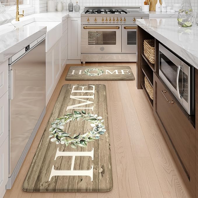 KIMODE Kitchen Mats Cushioned Anti Fatigue, 17"x47"+17"x29" Farmhouse Kitchen Rugs Sets of 2, Non Slip Kitchen Mats for Floor, Padded Kitchen Floor Mats for Sink, Laundry, Desk Khaki