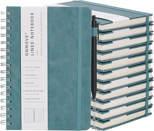 Spiral Notebooks Journal for Women Men 12 Pack Bulk Leather Hardcover with Pen Holder A5 160 Pages 100 GSM Thick Paper for Work School Lined Sky Blue