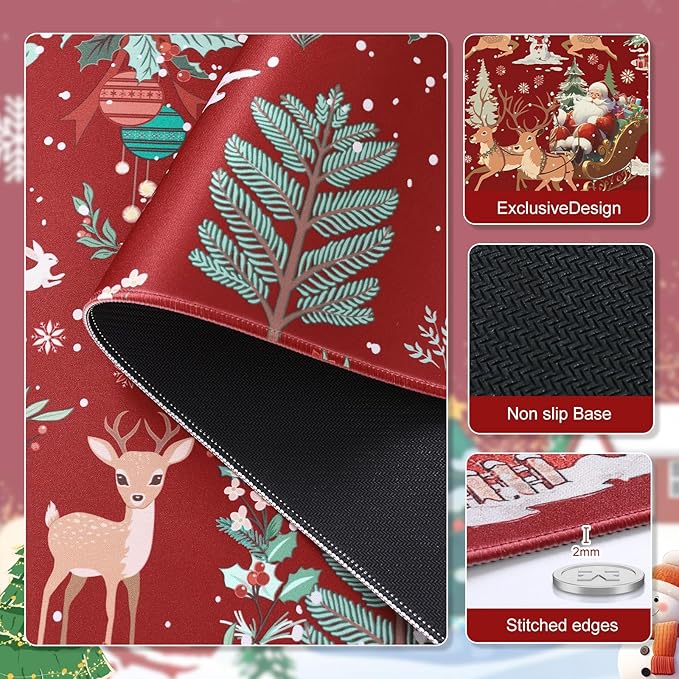 iCasso Christmas Desk Mat, Large Mouse Pad With Stitched Edges, Anti-Slip Big Mousepad for Desktop, Office Set for Women (Red)