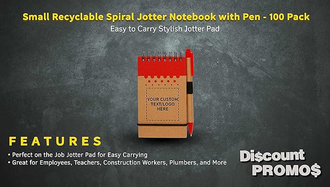 DISCOUNT PROMOS 100 Recyclable Spiral Small Notebooks Pack - Customizable Text, Logo - 60 Lined Pages - Red