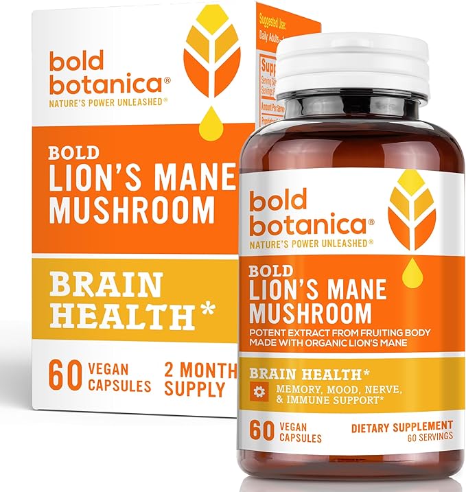 Lion’s Mane Mushroom Capsules - 100% Fruiting Body – Concentrated Organic Lion’s Mane Extracts – Nootropic Brain Health – Memory, Mood, Immune Support – 60 Vegan Capsules