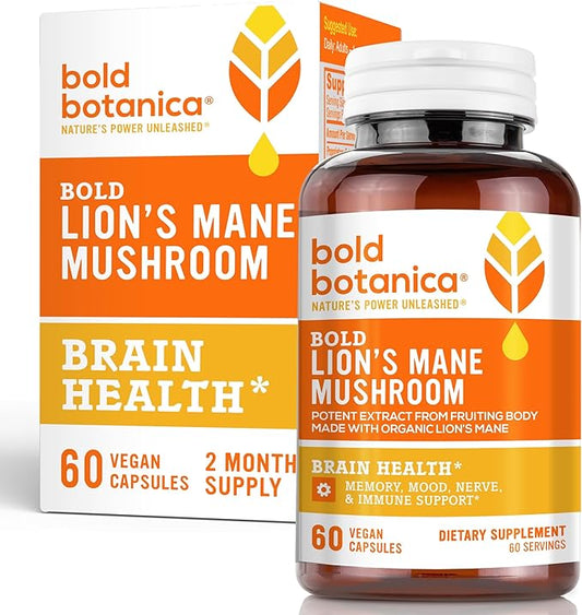 Lion’s Mane Mushroom Capsules - 100% Fruiting Body – Concentrated Organic Lion’s Mane Extracts – Nootropic Brain Health – Memory, Mood, Immune Support – 60 Vegan Capsules