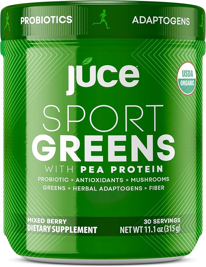 Juce SG7 Sport Greens Powder Supplement | Organic Plant Based Protein | Green Juice Powder | Probiotics | Mushrooms | Mixed Berry Flavor | 30 Servings | By Terra Kai Organics