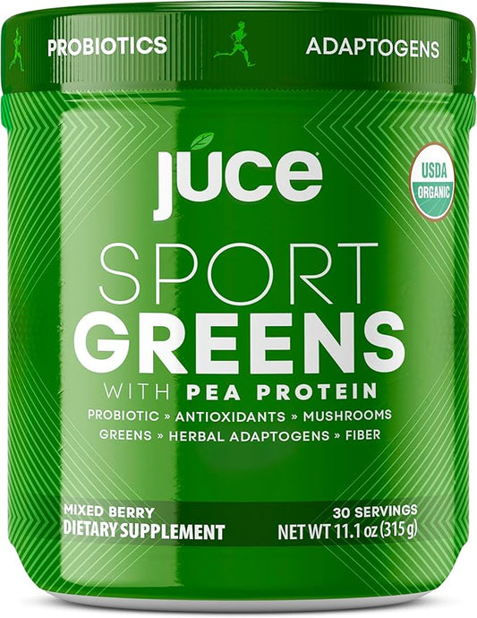 Juce SG7 Sport Greens Powder Supplement | Organic Plant Based Protein | Green Juice Powder | Probiotics | Mushrooms | Mixed Berry Flavor | 30 Servings | By Terra Kai Organics