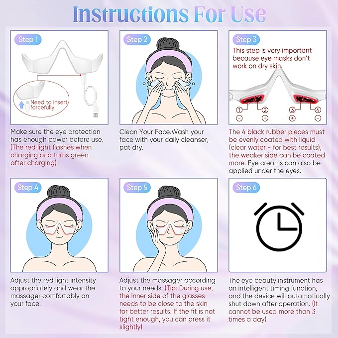 Under-Eye Light Therapy Device, Beauty Device with Eye Massage for Relieve Eye Bags, Eye Fatigue, Dark Circles, with Gel and Glasses Strap (White)