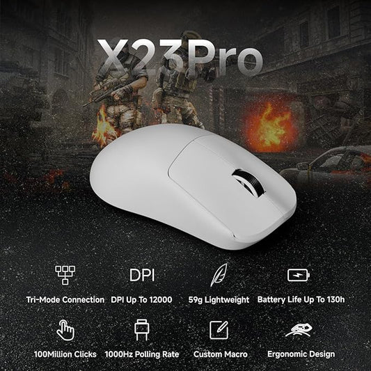 X23Pro Wireless Gaming Mouse, 2.4G/BT5.0/USB-C Esports Gaming Mouse, 800mAh Rechargeable Lightweight Mouse Gaming, 12000 DPI Wireless Mouse with 6 Programmable Buttons,for Laptop/PC/Mac, White