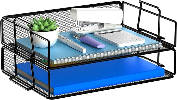 2 Tier Stackable Letter Tray Paper Holder Desk Organizer for Home Office School, Black