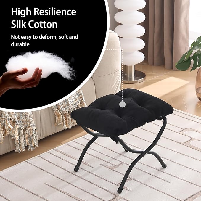 Welnow Folding Foot Stool, Upholstered Small Accent Ottoman with Detachable Thick Cotton Cushion Padded Sofa Stool and Metal Frame for Lazy Chair, Living Room, Bedroom, Plush Black