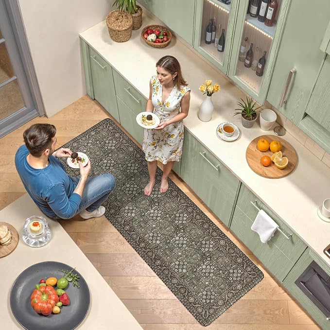 KIMODE Anti Fatigue Mats for Kitchen Floor 24"x71", Grey/Green Farmhouse Kitchen Runner Rugs, Cushioned Kitchen Floor Mat Non Skid, Memory Foam Kitchen Mat for Laundry Office Sink Desk